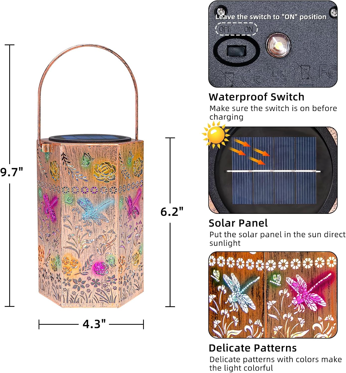 2 Faroles Metal Luz Solar Libélula Exteriores Interiores