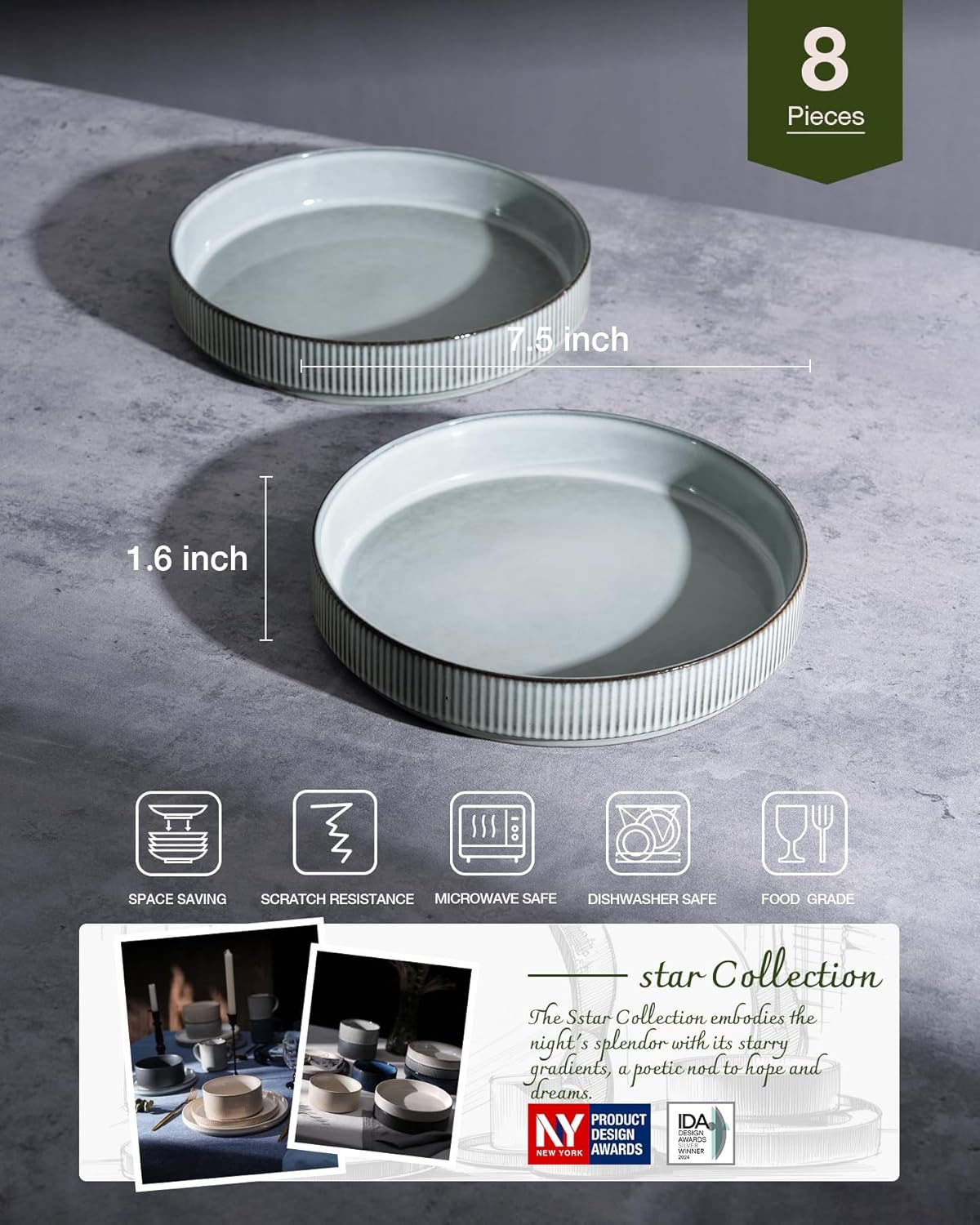 Set 4 Cuencos Pasta Doble Esmalte Reactivo Apilables Azul Ahumado