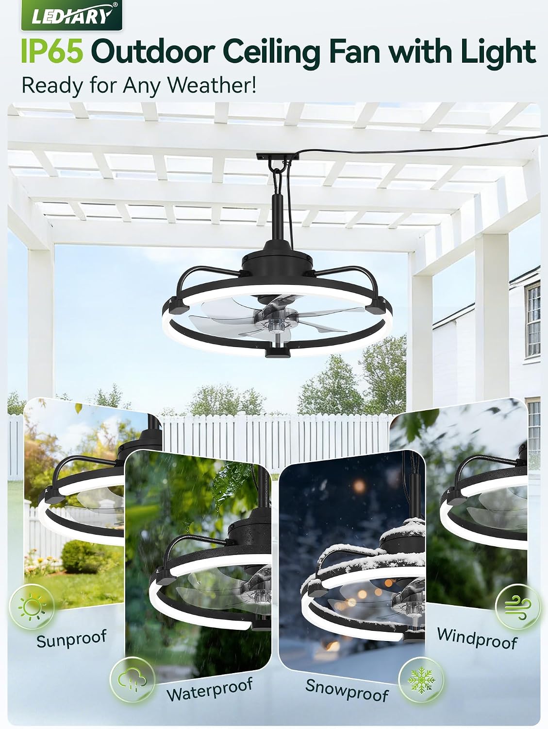 Ventilador techo exterior 20pulg luces IP65 enchufable app 6 vel