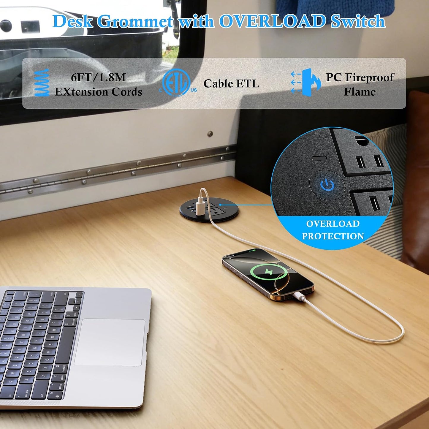 Ojal escritorio 3.15pulg doble USB C 20W 2 salidas CA 4 puertos USB