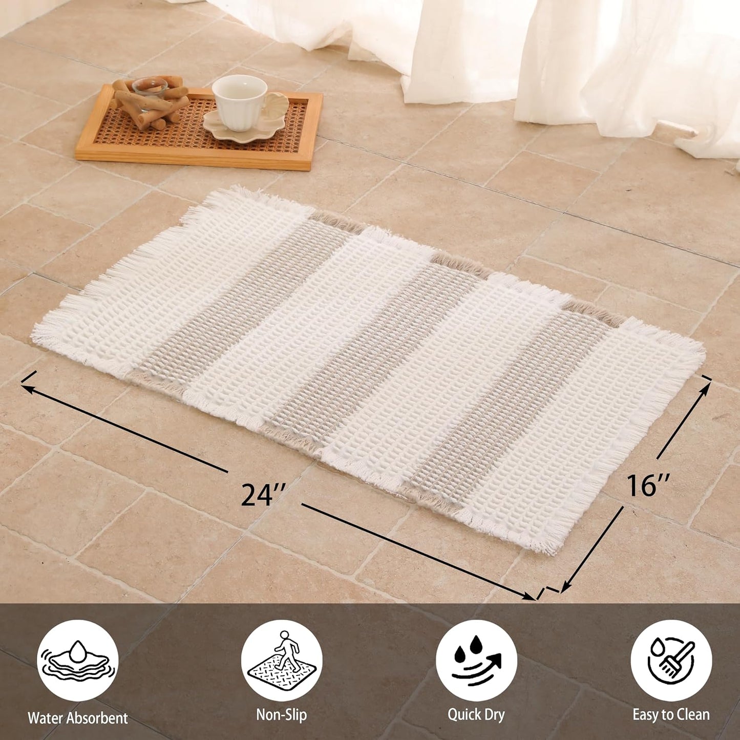 Tapete baño antideslizante bohemio 16x24pulg color blanco y gris