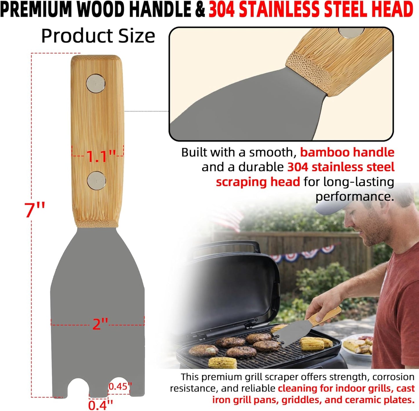 Rascador de parrilla de bambú con cabeza de acero inoxidable compatible George Foreman