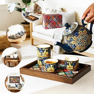 Juego Té Cerámica 4 Piezas Bandeja Florales Azul