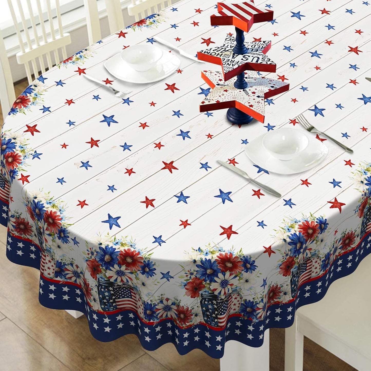 Mantel ovalado del 4 de julio vintage patriótico bandera estadounidense estrellas 54x72