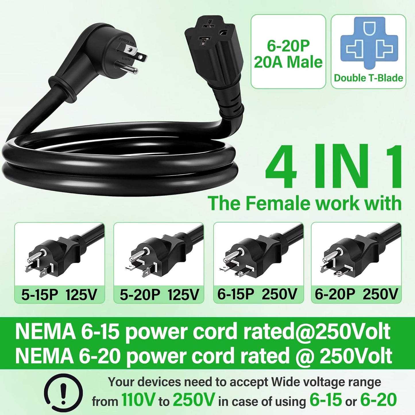 Adaptador enchufe NEMA 5-15P a 5-15R/6-20R 3ft