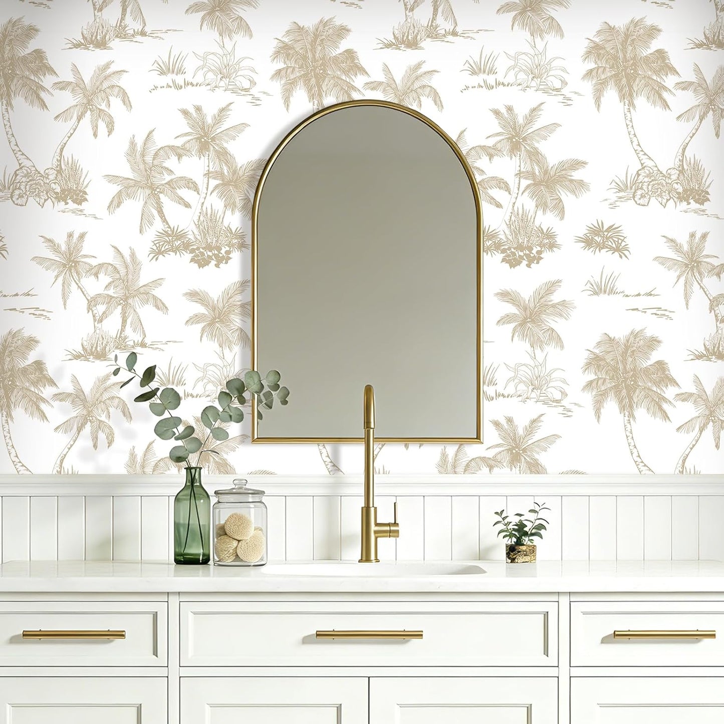 Papel tapiz neutro con palmeras tropicales para dormitorio y baño
