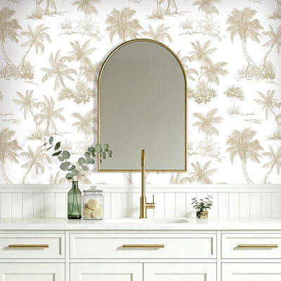 Papel tapiz neutro con palmeras tropicales para dormitorio y baño