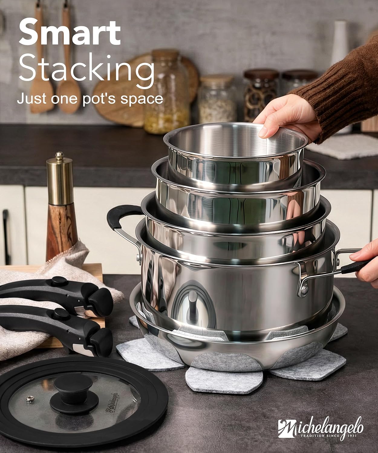 Set 14 Pzas Utensilios Acero Inox Desmontables Inducción