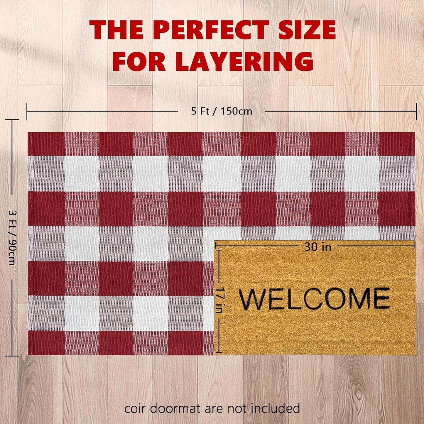 Alfombra cuadros búfalo 3x5ft roja blanca algodón lavable