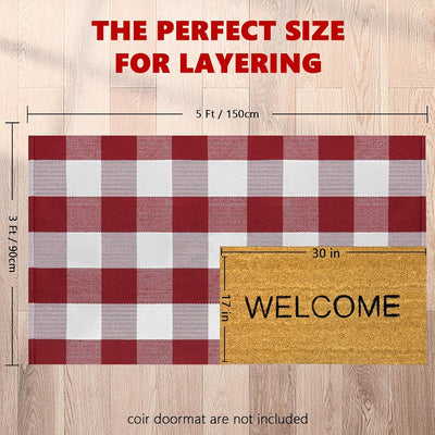 Alfombra cuadros búfalo 3x5ft roja blanca algodón lavable
