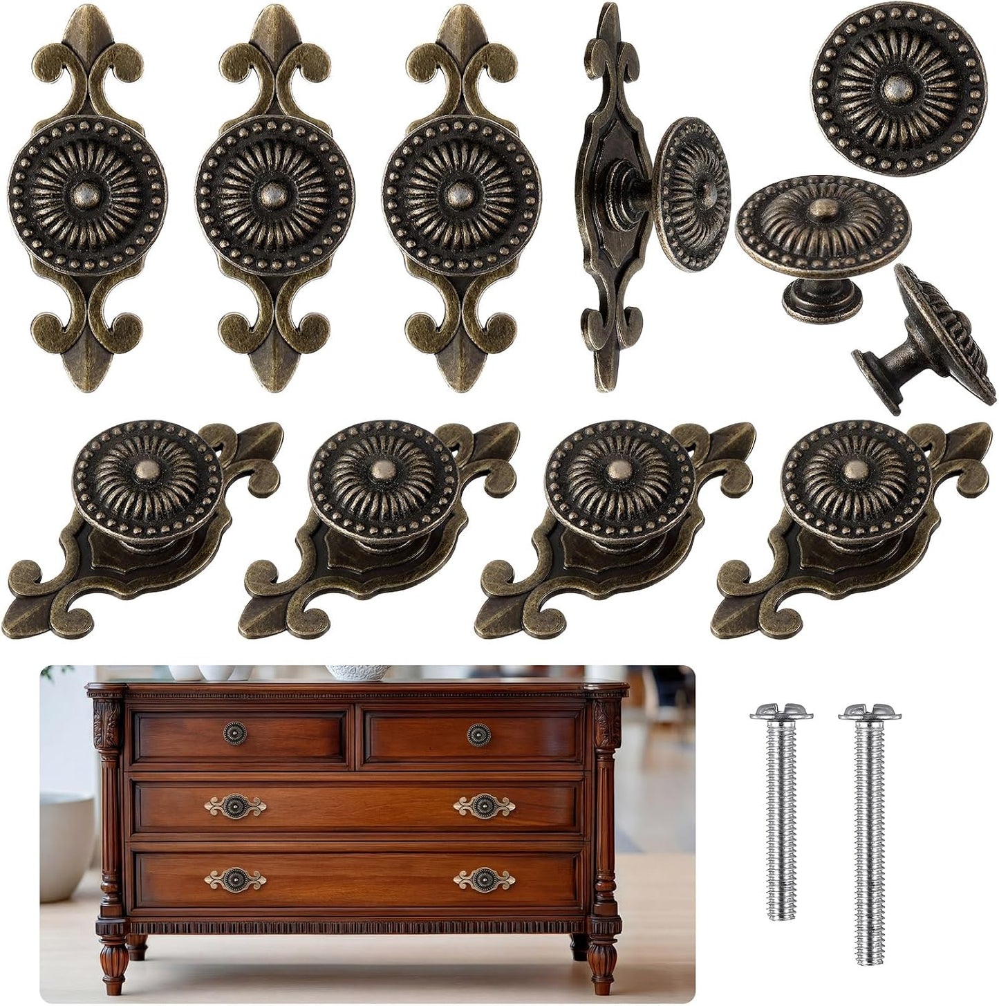 10 Pomos Latón Antiguo Retro para Cajones con Placa Flor