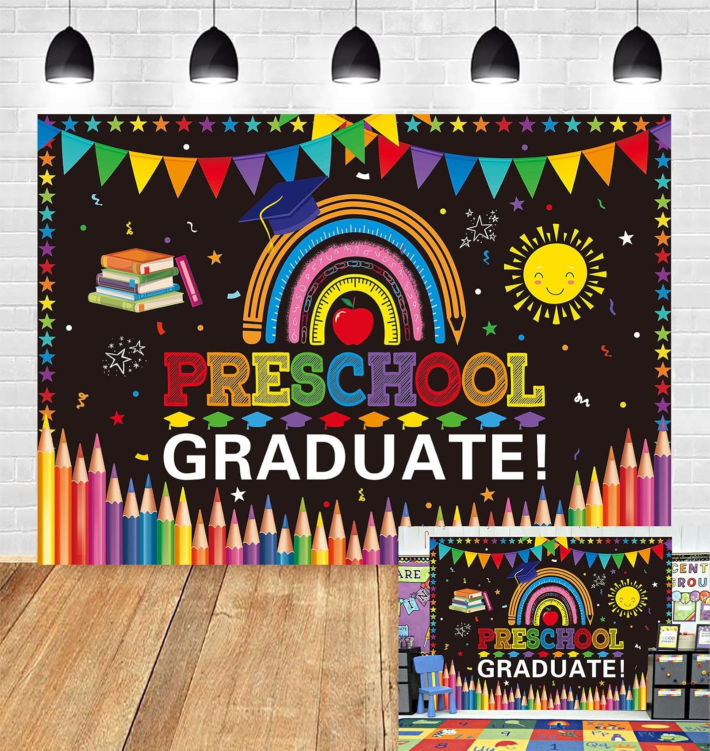Fondo graduación preescolar 7x5ft negro lápices colores