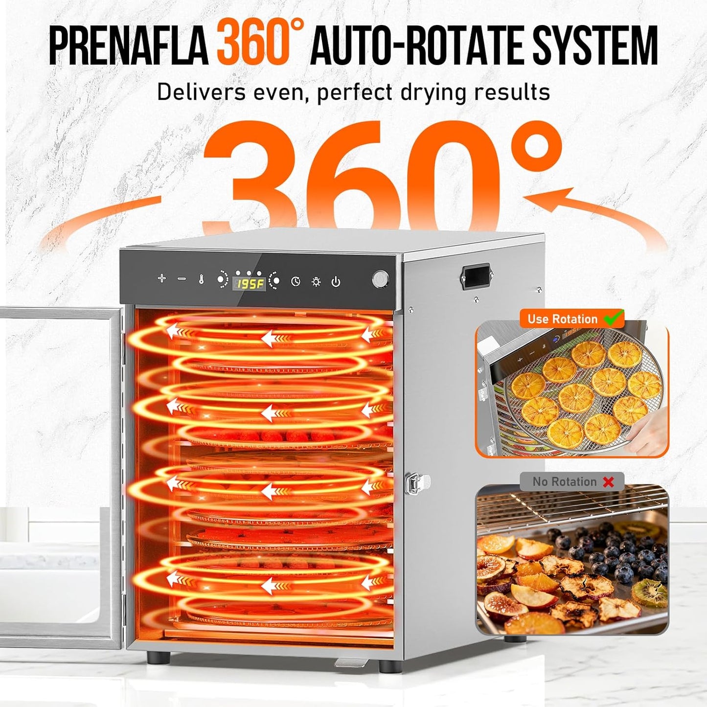 Deshidratador 12 bandejas rotativo 194°F control 24h