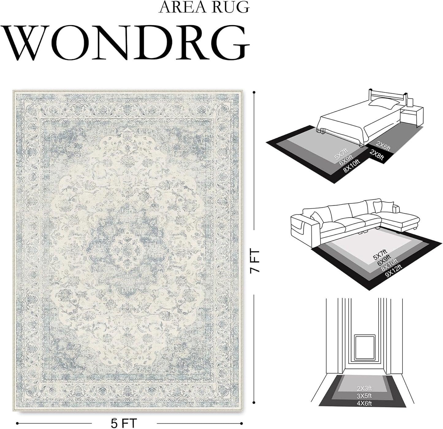 Alfombra vintage lavable azul 8x10 para sala dormitorio