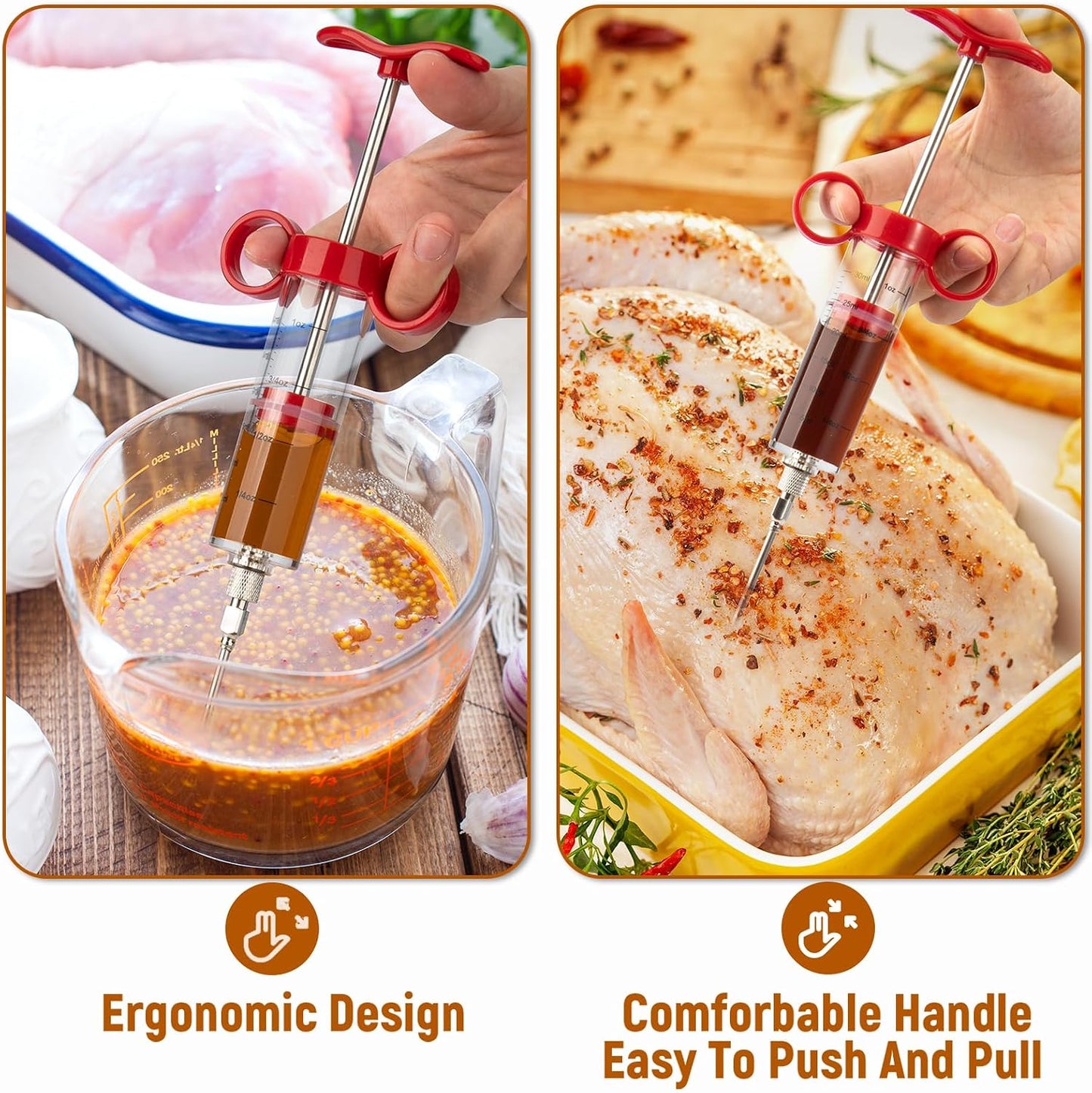 Inyector carne 1oz 3 agujas para parrilla rojo con cepillo