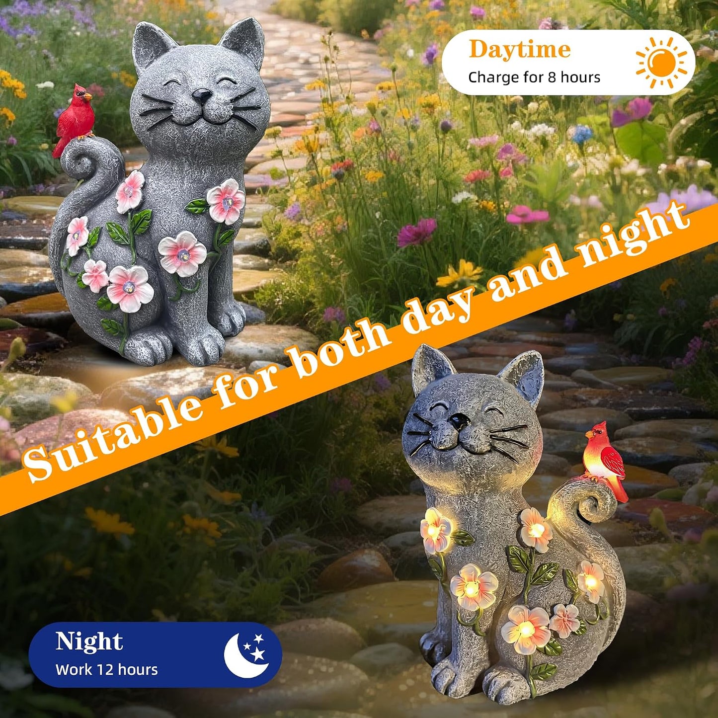Estatua gato solar con luces LED resina impermeable