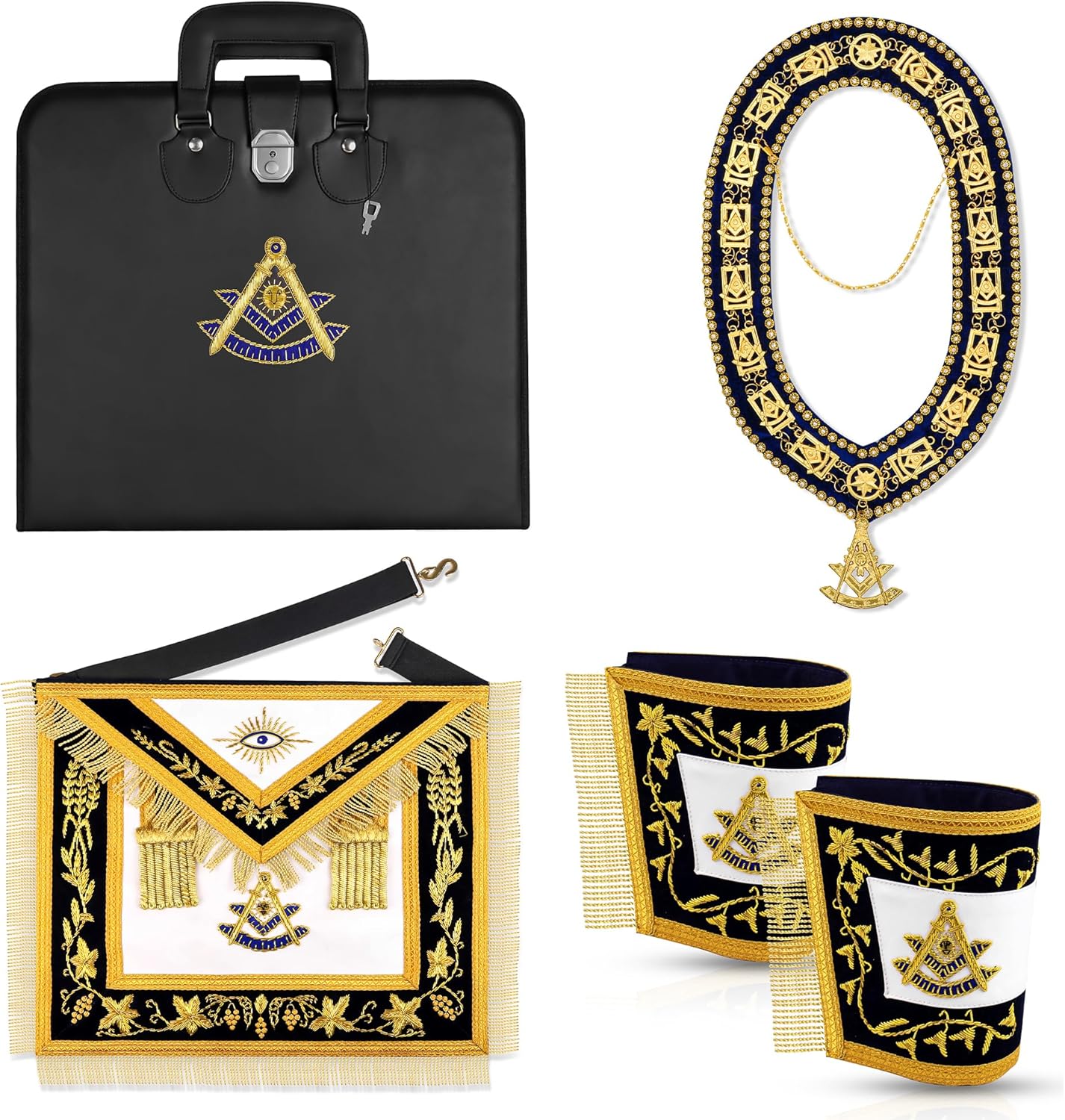 Delantal Masonic bordado piel cordero cuello cadena joyas