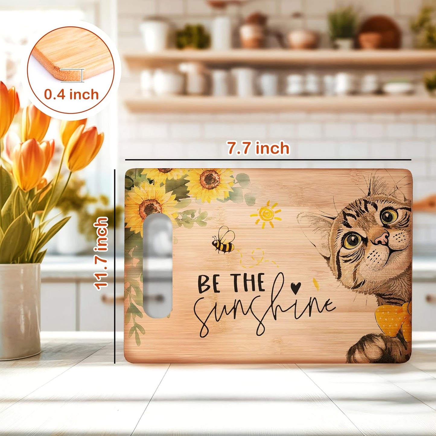 Tabla de cortar de bambú con girasol para amantes de gatos