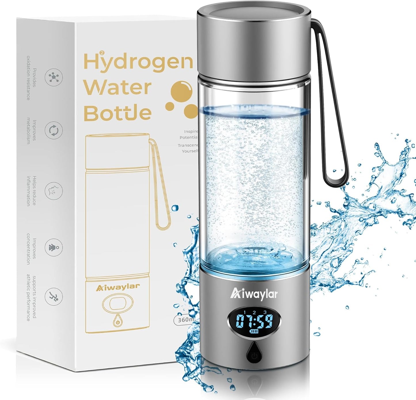 Botella hidrógeno aluminio vidrio 360ml con LED