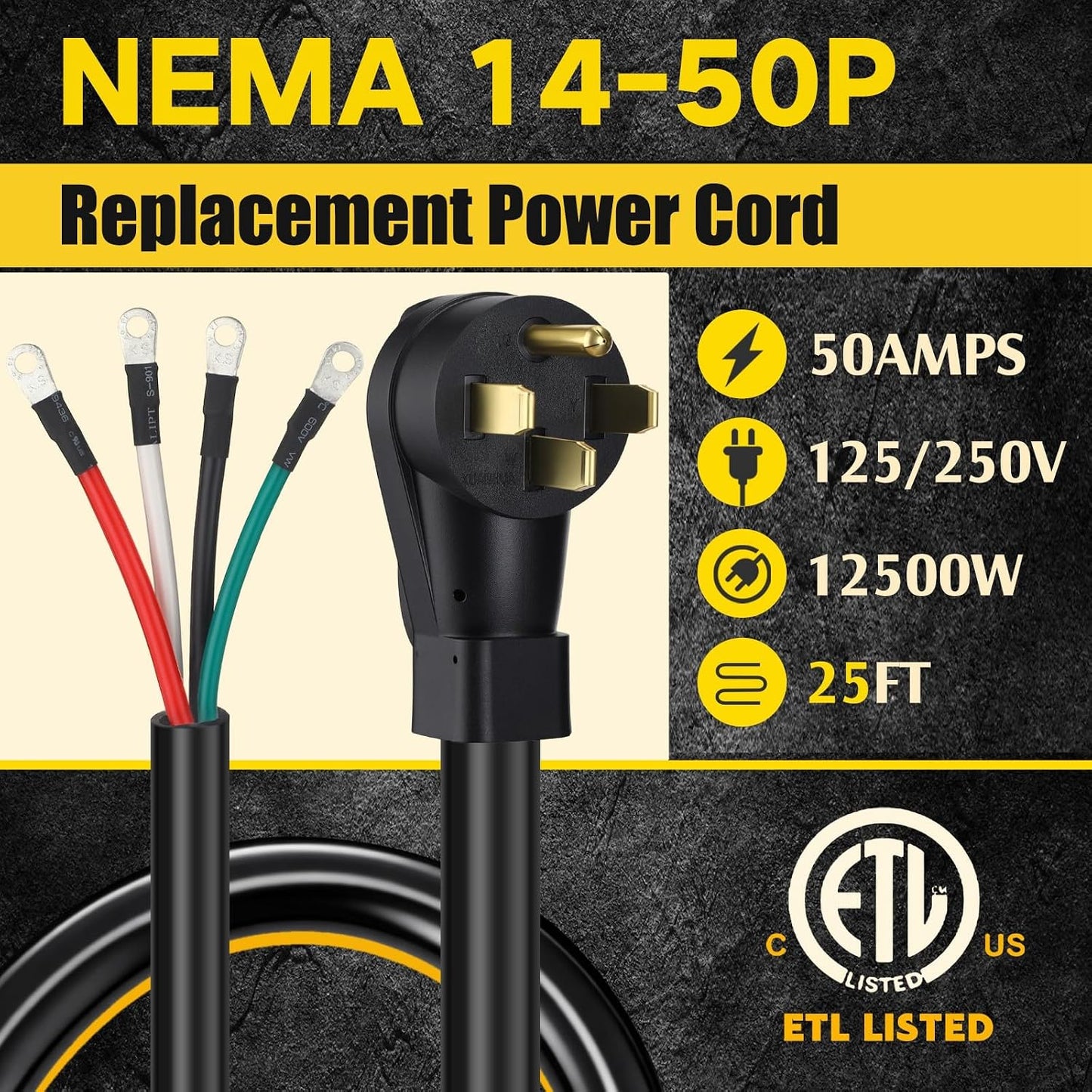 Cable alimentación EV J1772 25ft 50A NEMA 14-50p