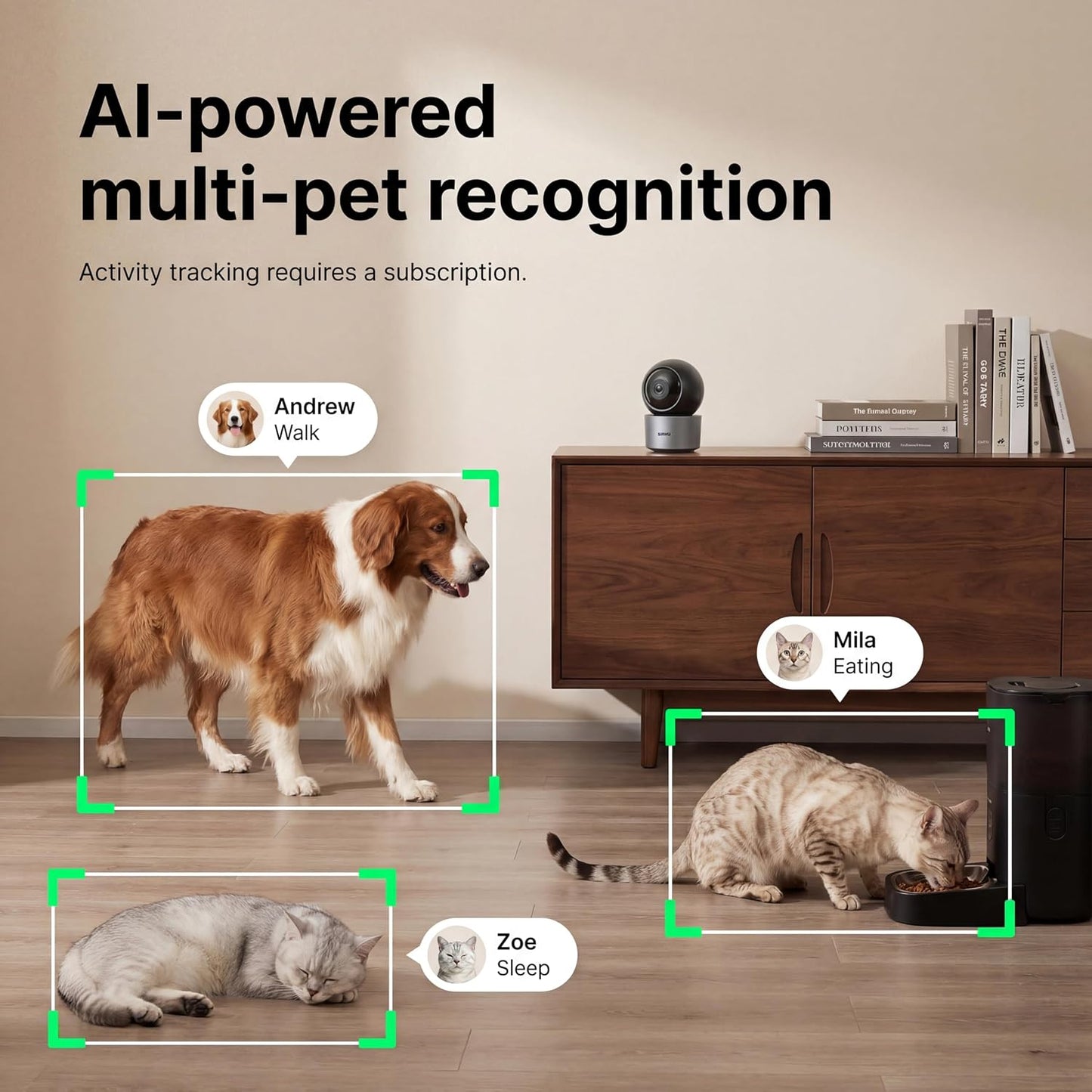 Cámara AI 2K para mascotas con visión nocturna y seguimiento 360°