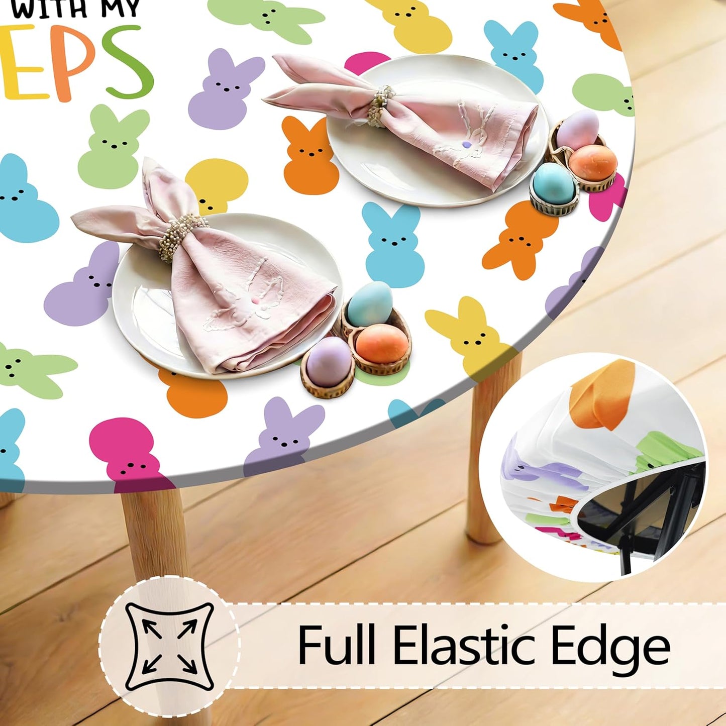 Mantel redondo ajustable Pascua conejito elástico 36-40pulg