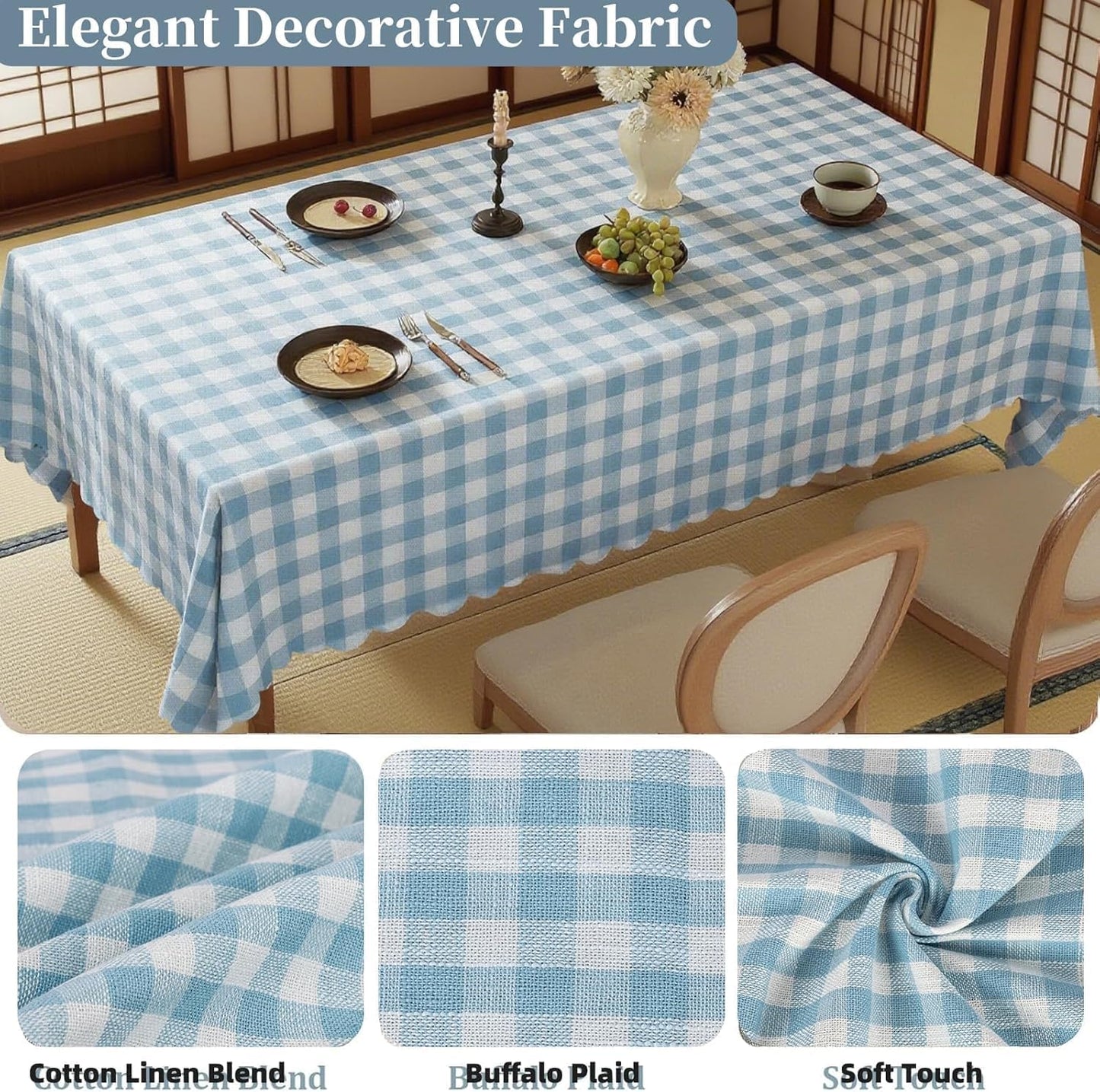 Mantel de lino pesado con volantes color azul 60x60 pulgadas