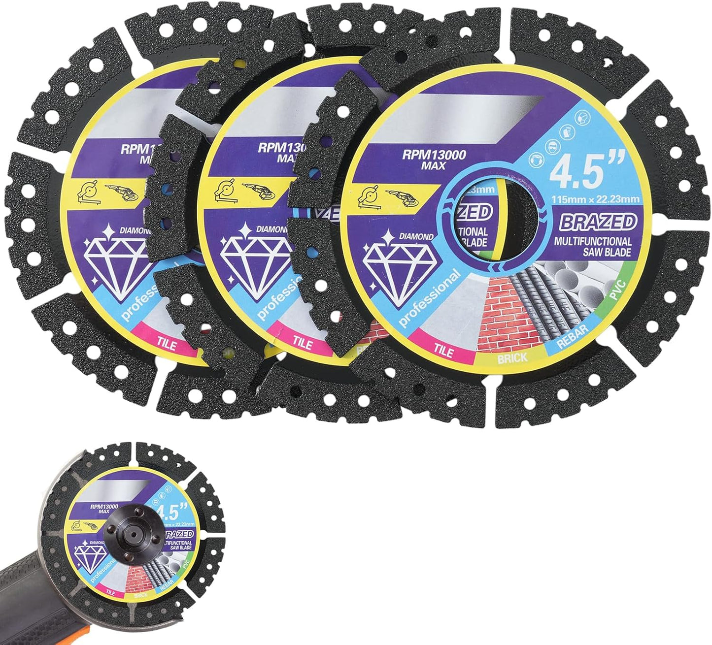 Paquete 3 Hojas Sierra Diamante 4.5pulg Corte Multimaterial