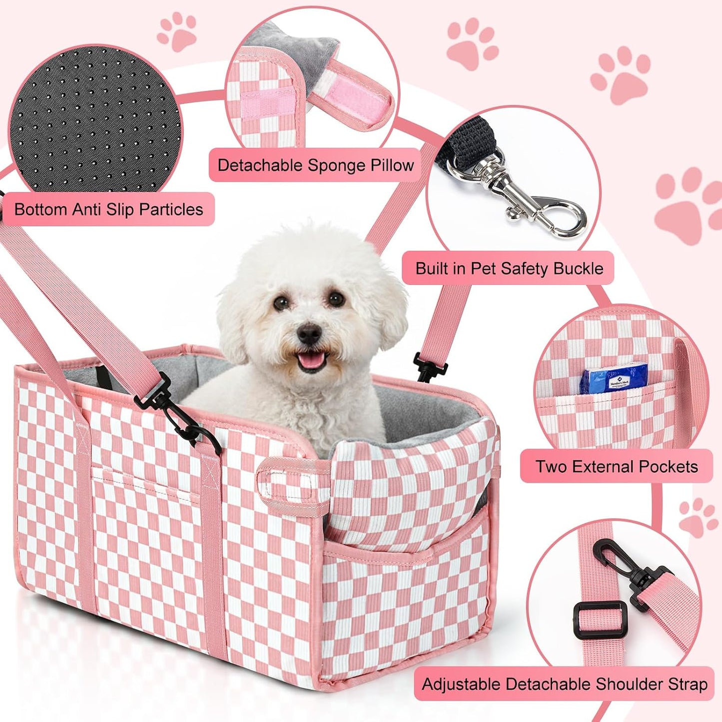 Asiento elevador perros pequeños cuadros rosados