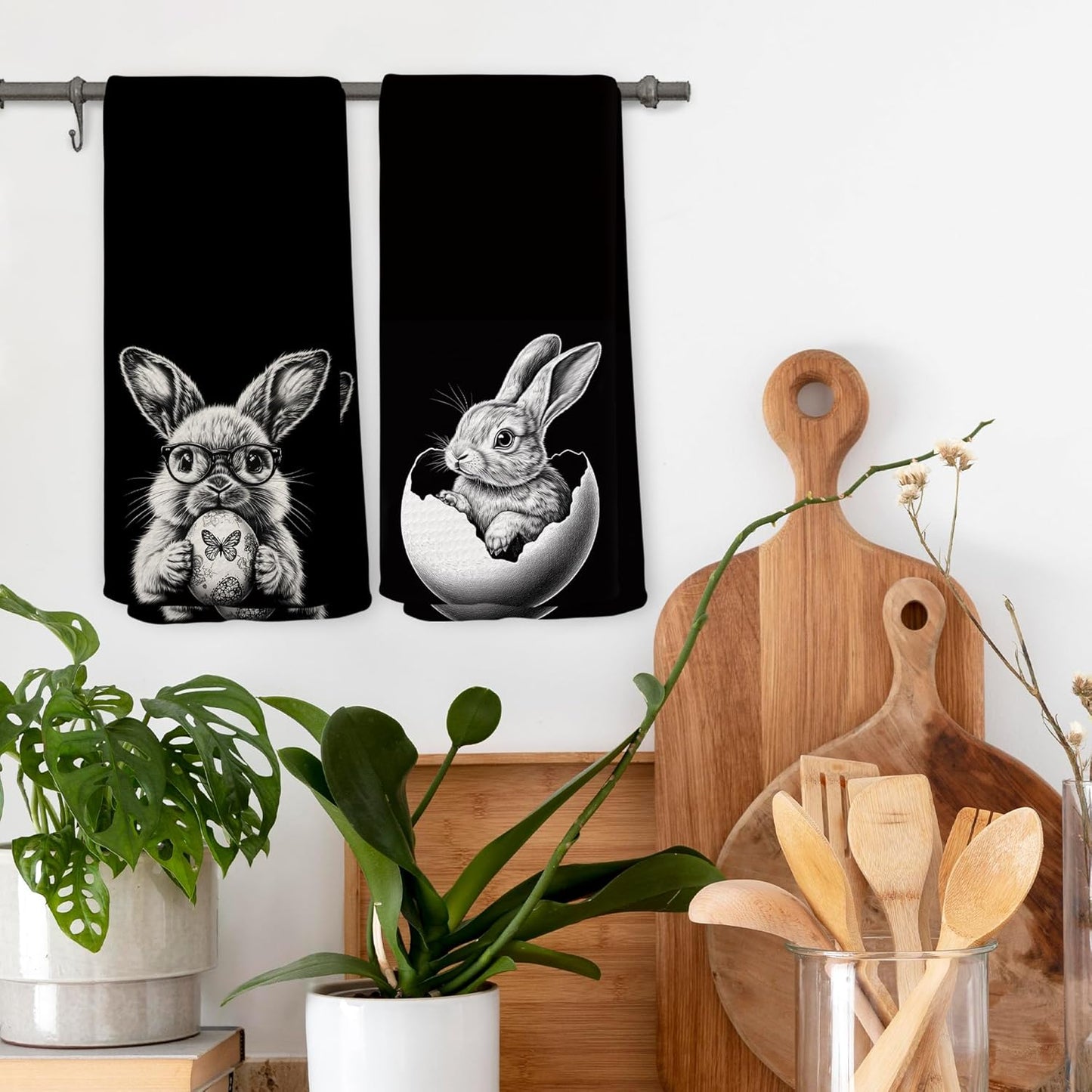 Juego de 2 toallas de cocina de conejo de Pascua rústicas