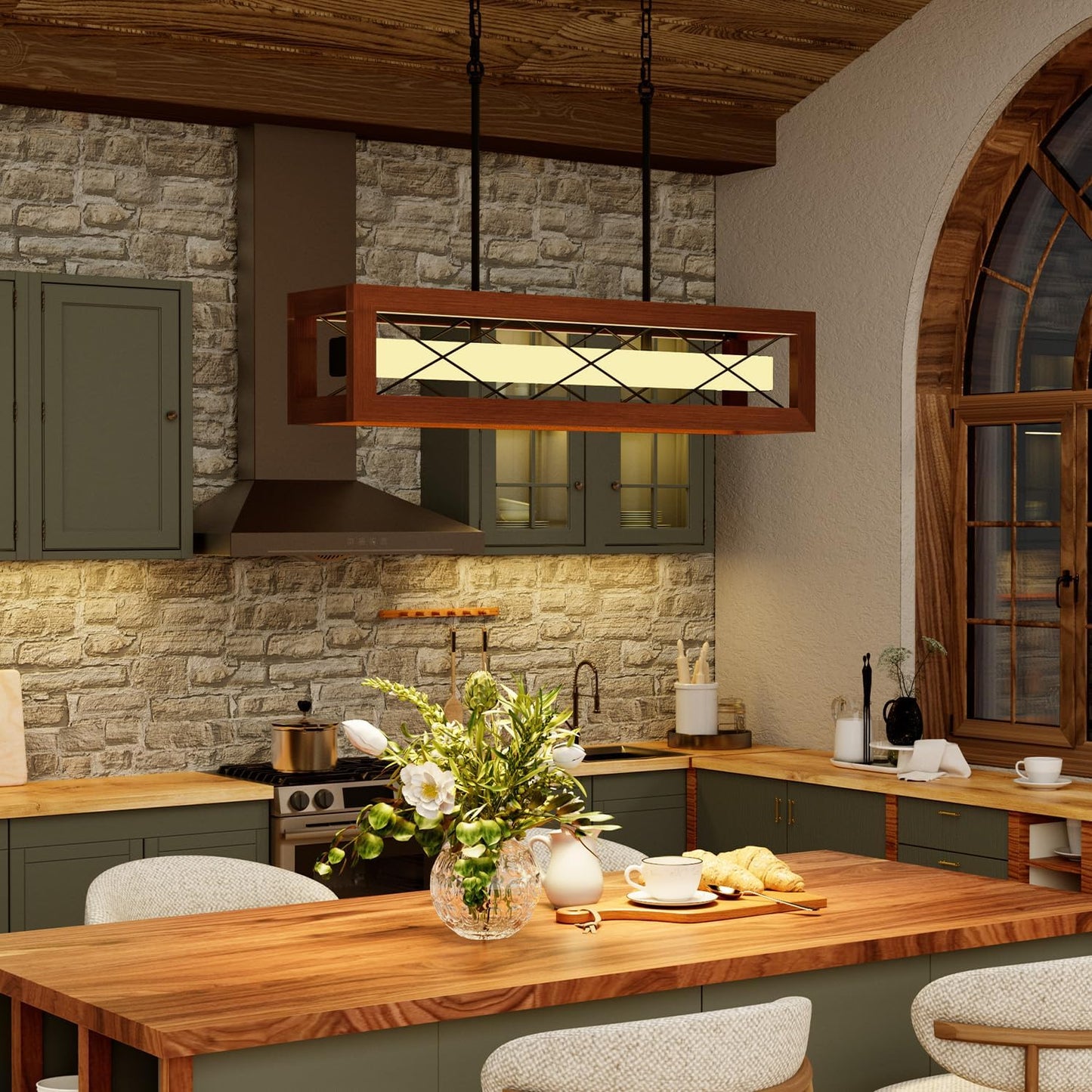 Lámpara isla cocina 31.5pulg madera rústica LED regulable