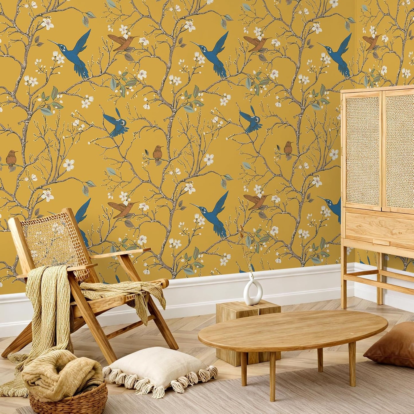 Papel tapiz autoadhesivo diseño pájaros y floral amarillo