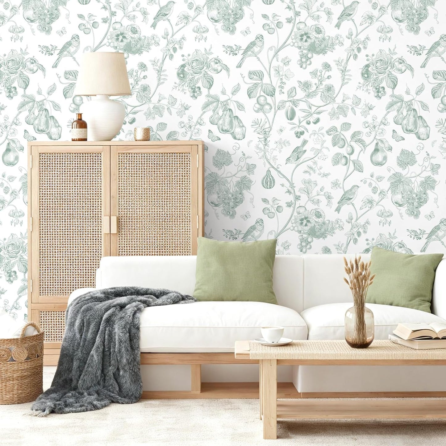 Papel tapiz chinoiserie verde salvia autoadhesivo 17.7x118pulg