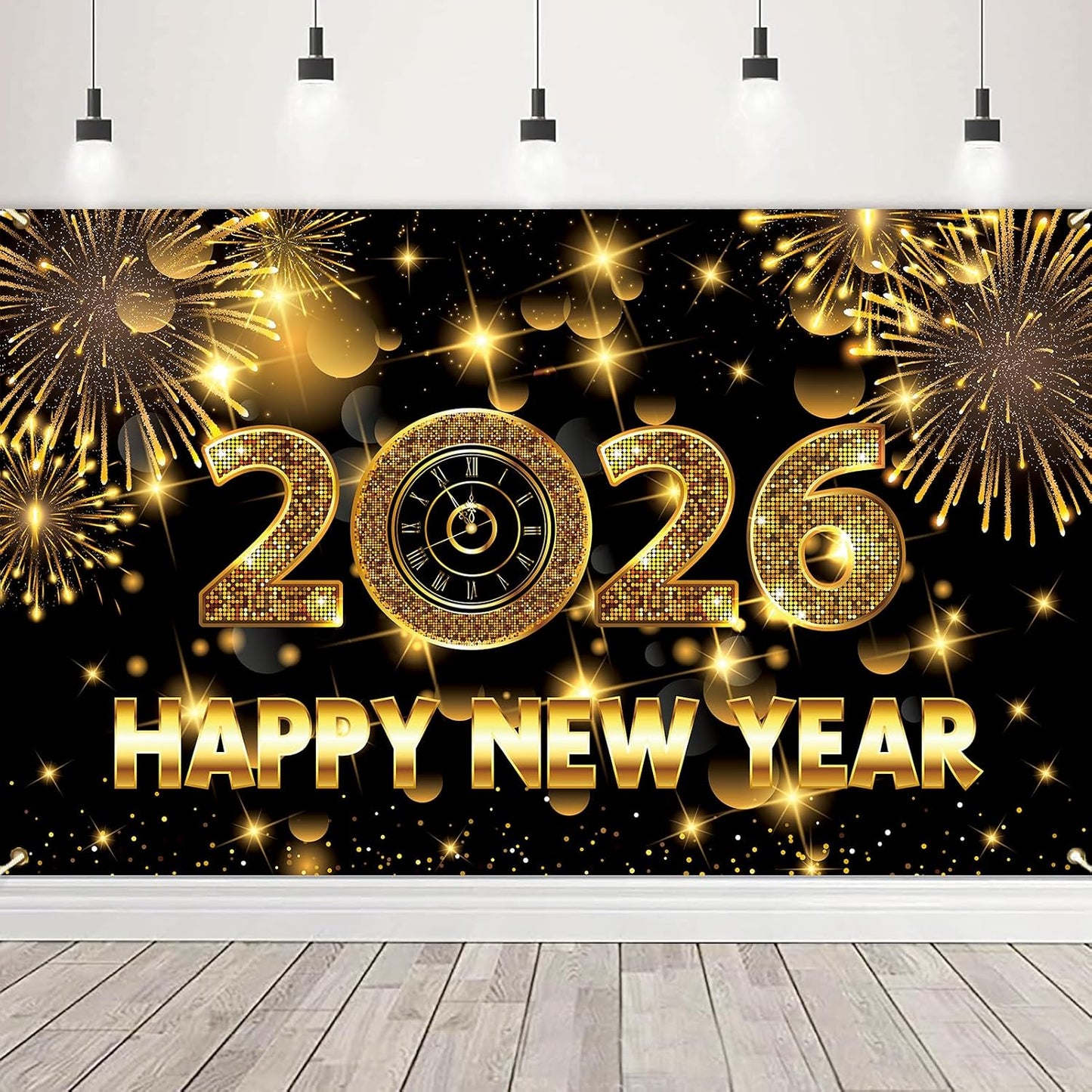 Cartel Año Nuevo 2026 72x44pulg Negro Dorado