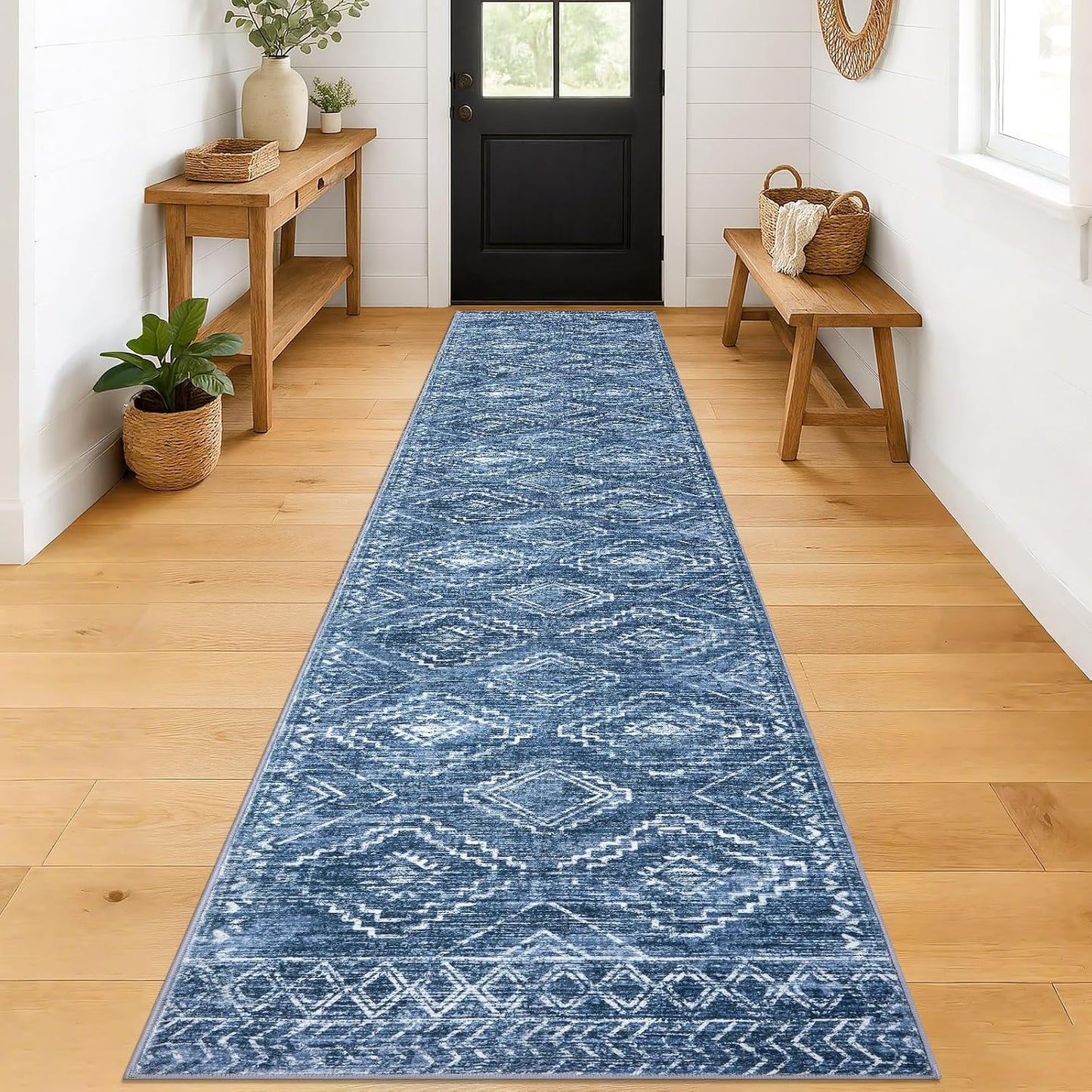 Alfombra pasillo 2.6x12ft lavable antideslizante geométrico azul