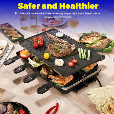 Parrilla eléctrica Raclette 1300W con sartén y 8 mini