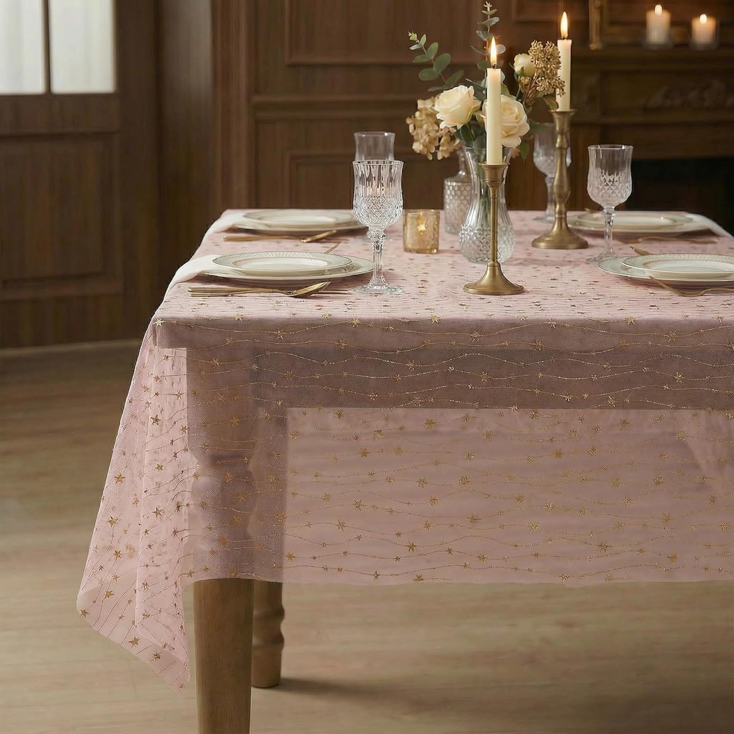 Mantel de gasa con estrellas brillantes rosas 60 x 84 pulgadas rectangular