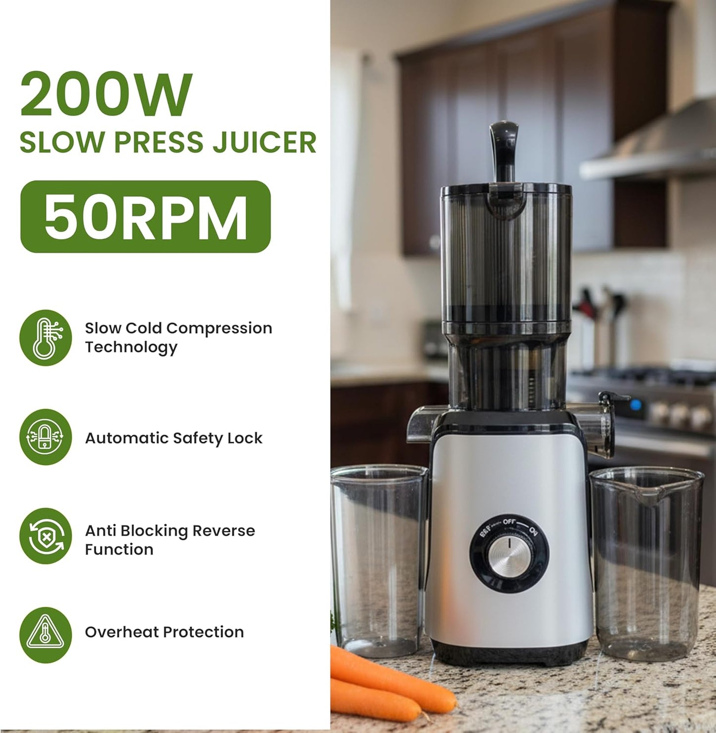 Exprimidor frío con canal ancho para frutas y verduras