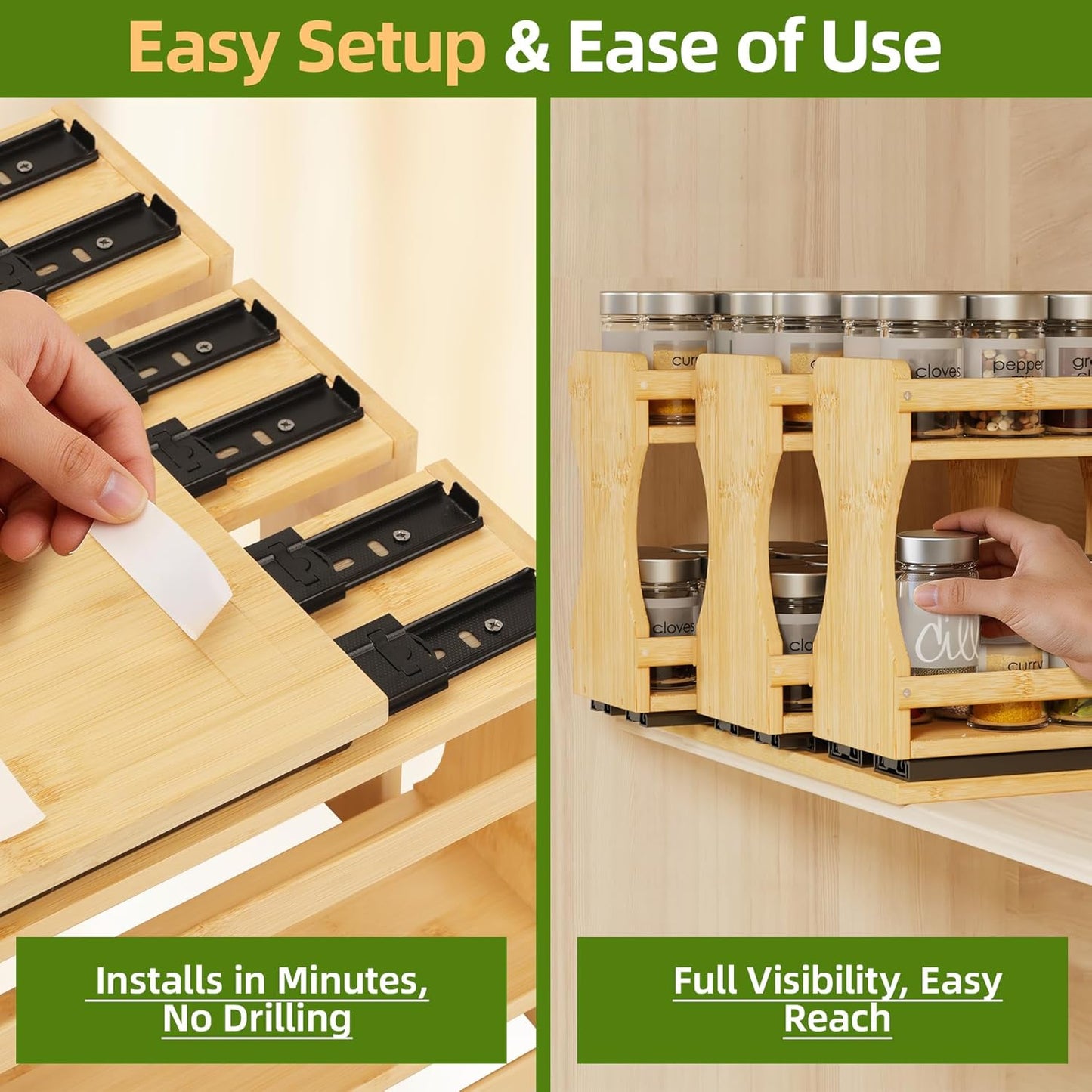 Organizador de especias extraíble de bambú para cocina 13.9 pulgadas