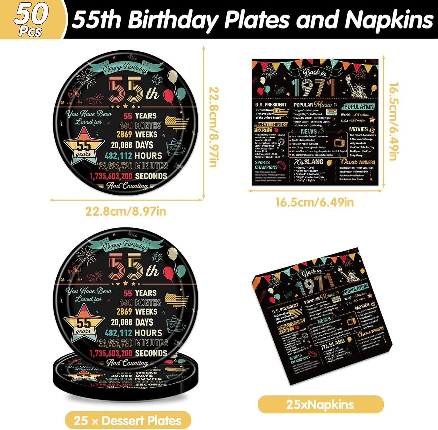Platos y servilletas de cumpleaños número 55, 50 piezas coloridas
