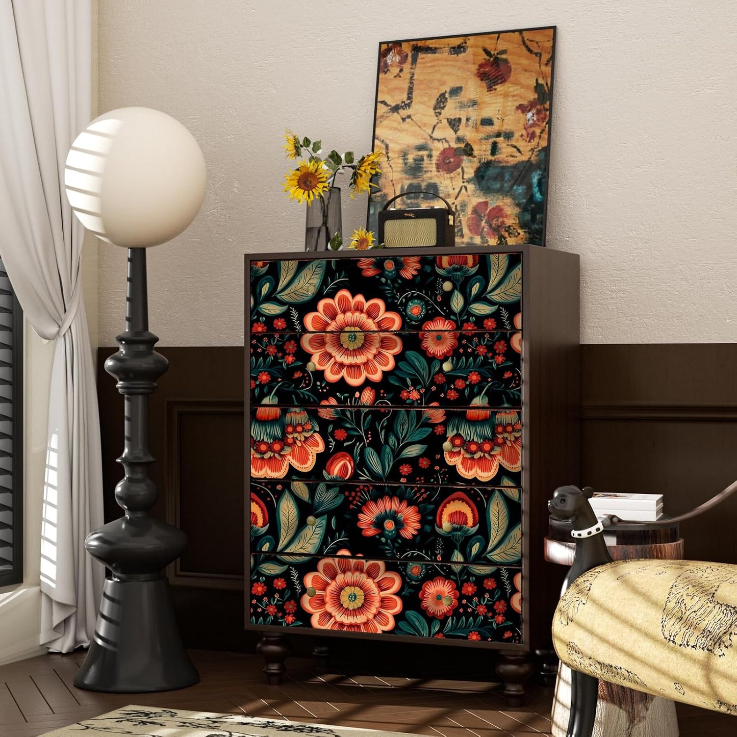 Papel tapiz floral bohemio autoadhesivo rojo oscuro