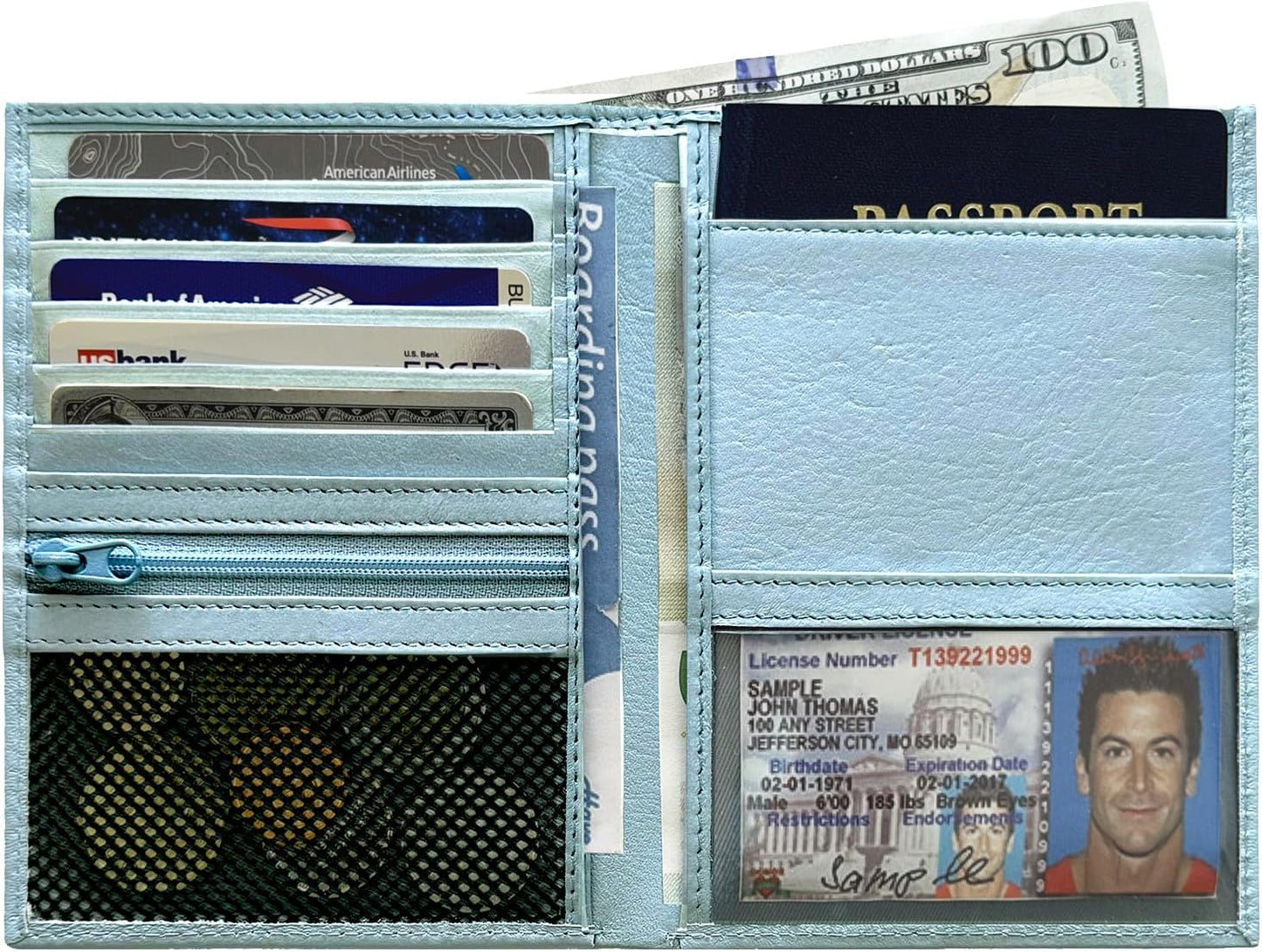 Cartera pasaporte cuero genuino RFID azul