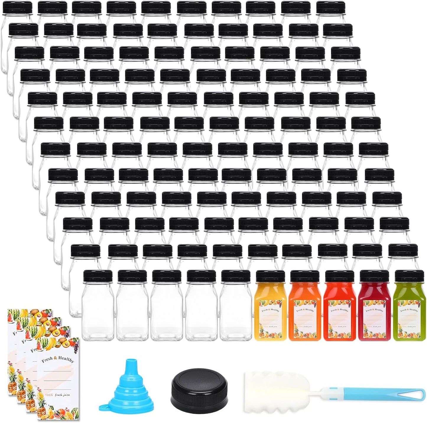 144 Botellas Plástico 4oz Reutilizables Transparentes con Tapas