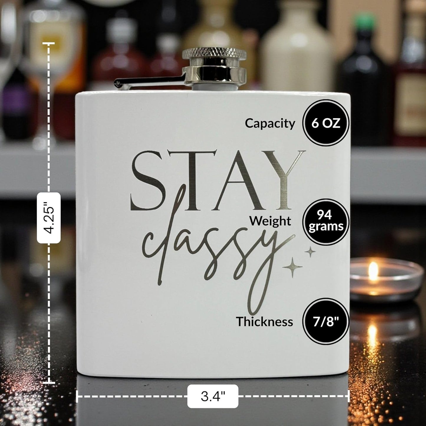 Frasco de cadera de acero inoxidable para mujer color blanco grabado Stay Classy con embudo