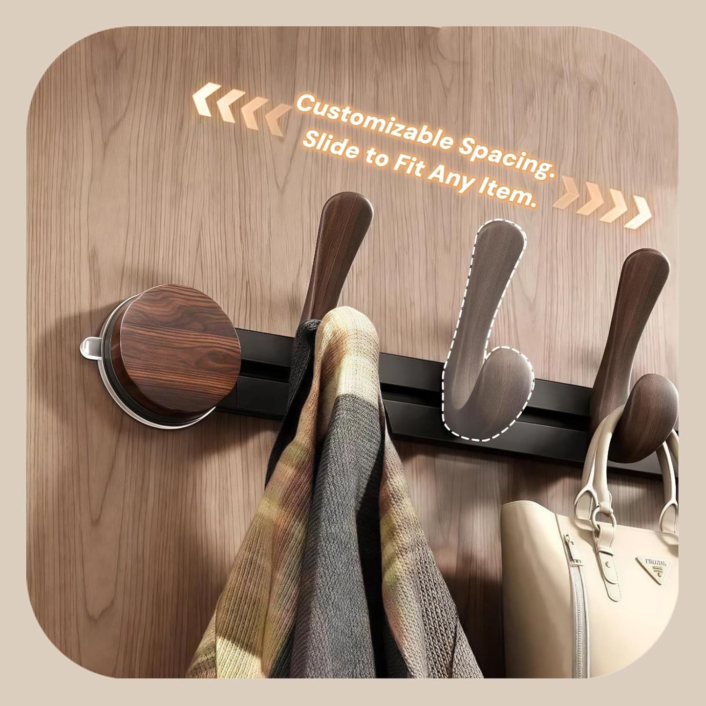 Perchero pared 5 ganchos deslizantes ventosa aluminio madera beige