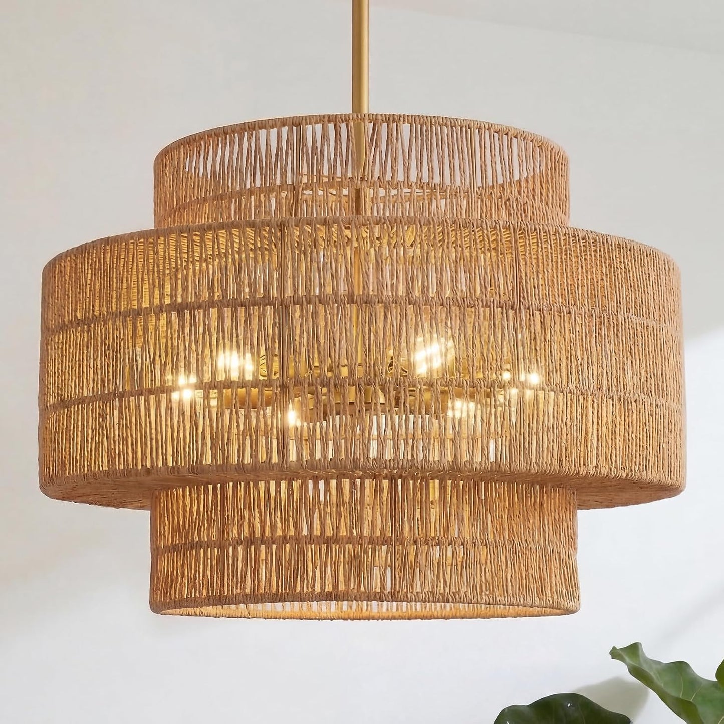 Lámpara araña ratán bohemio 24pulg 6 luces dorado sala