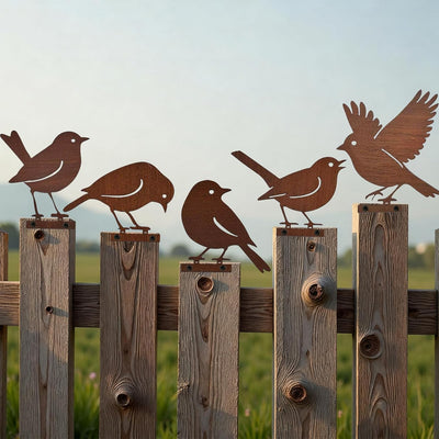 5 Pzas Esculturas Pájaros Metal Oxidado Decoración Jardín