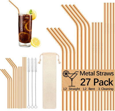 Paquete de 27 popotes reutilizables de acero inoxidable con cepillos