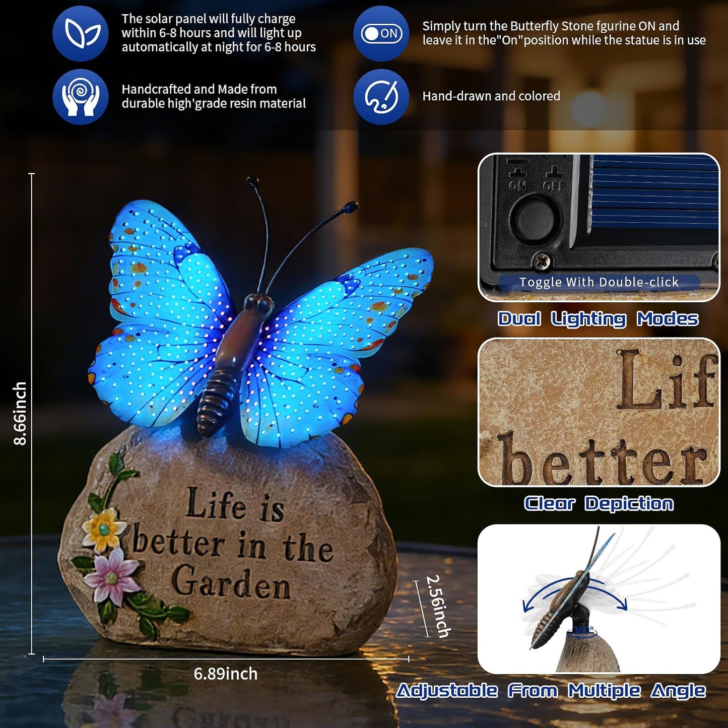 Estatua mariposa LED solar al aire libre azul