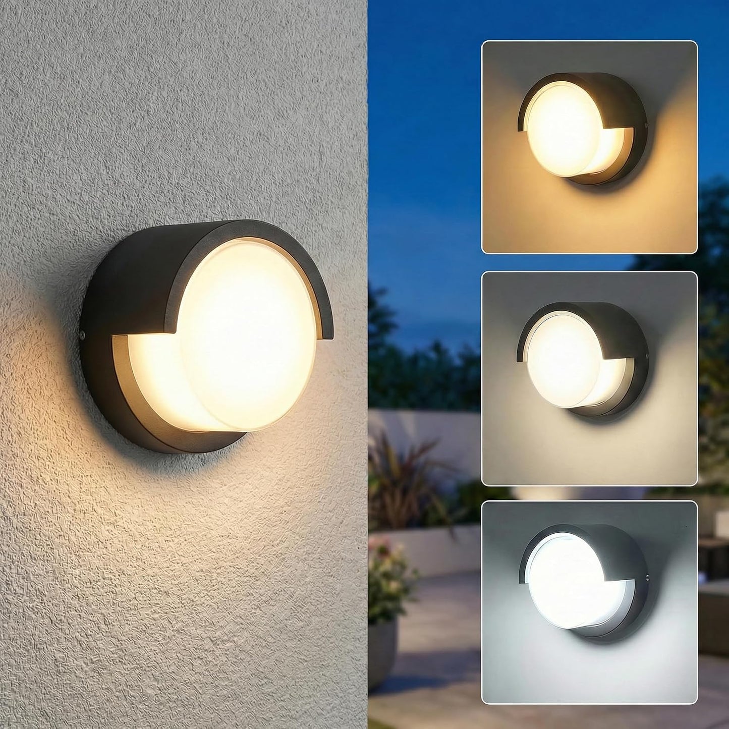 Aplique pared exterior LED redondo 6pulg aluminio negro 1200lm 3CCT
